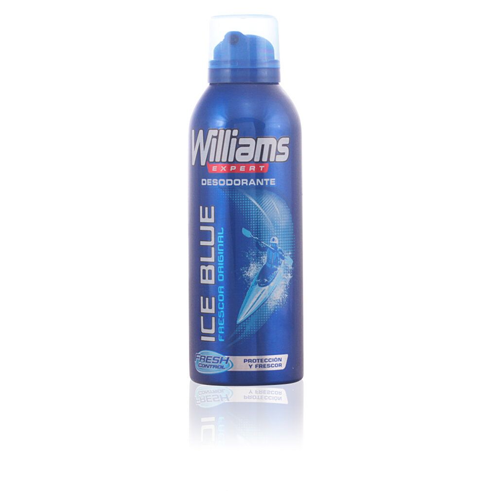 Spray deodorante blu Williams Expert Ice Blue. Scritta: Desodorante, Ice Blue, Frescor Original. Immagine di un kayakista.