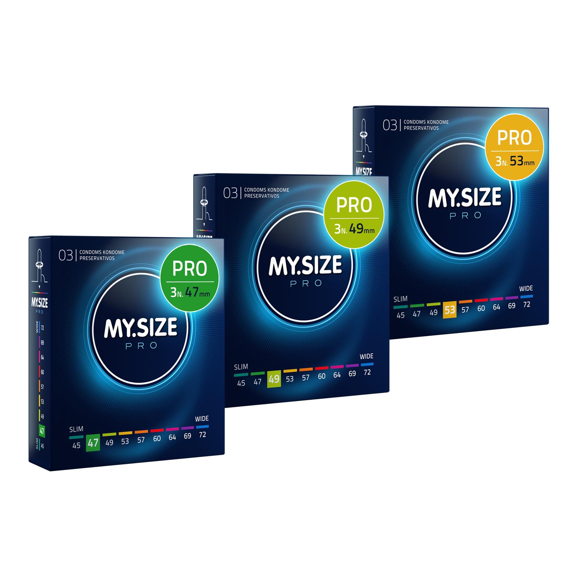 Tre confezioni di preservativi My.Size PRO, misure 47mm, 49mm e 53mm.