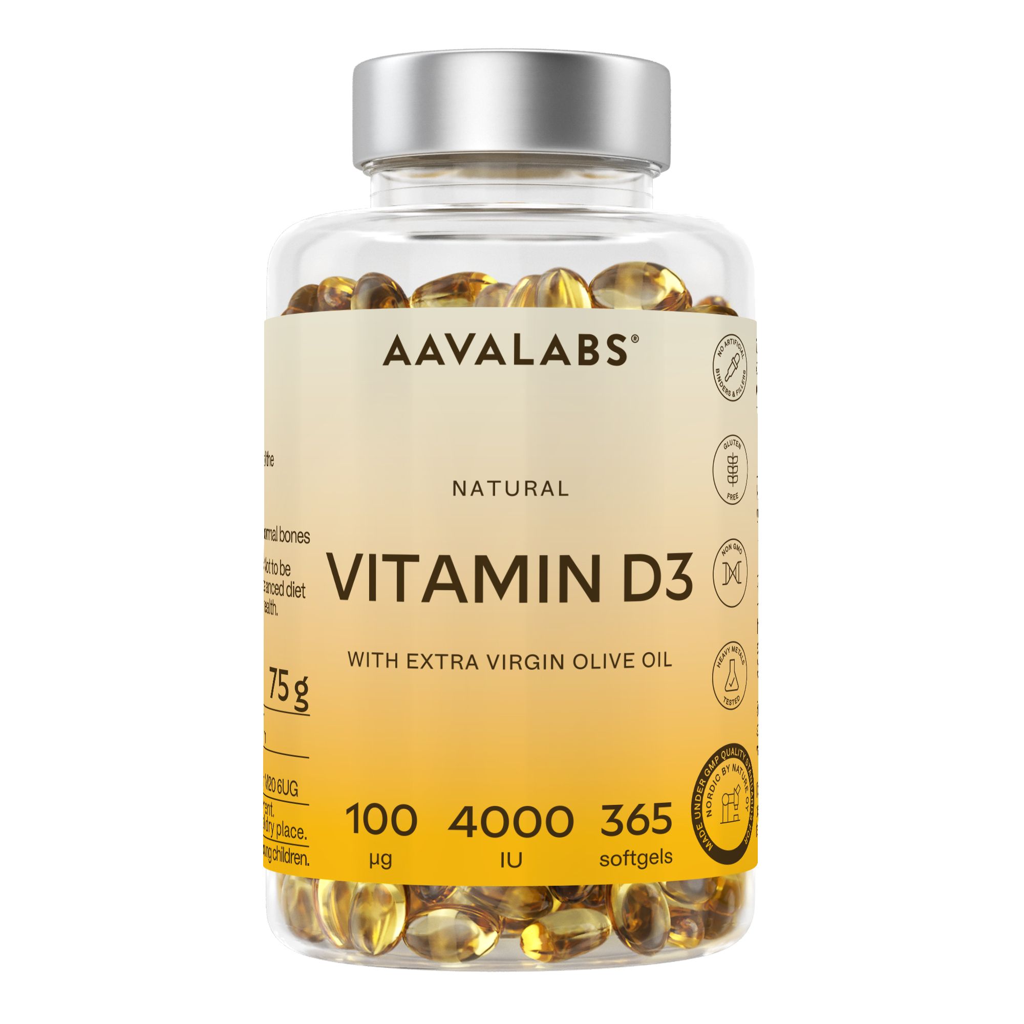 Flacone trasparente con capsule di vitamina D3. Etichetta con testo: AAVALABS, Vitamina D3, 4000 UI, 365 capsule.