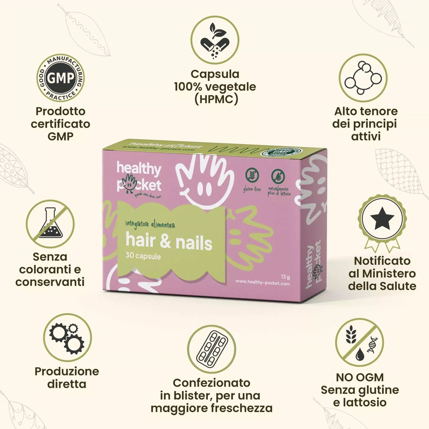 Confezione di capsule Hair & Nails con dettagli su ingredienti e certificazioni.