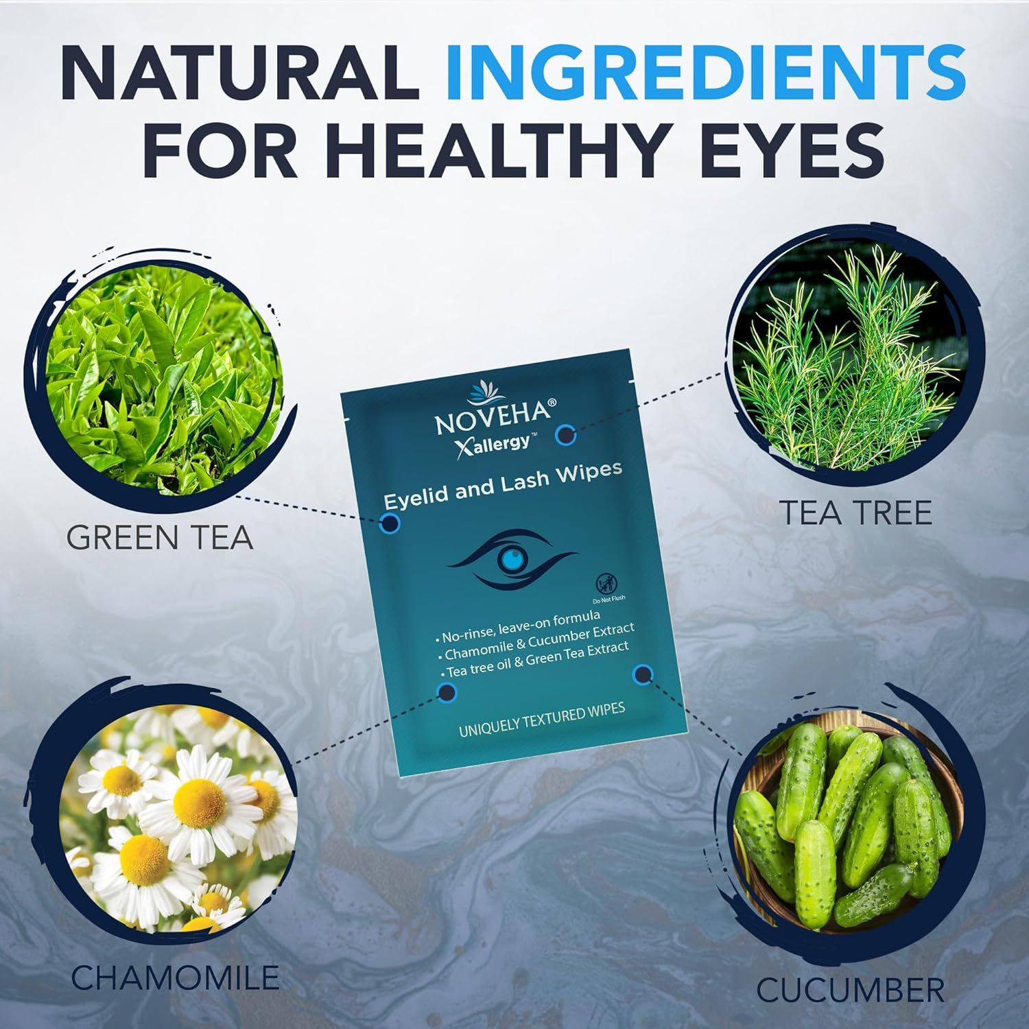 Confezione del prodotto NOVEHA Xallergy Eyelid and Lash Wipes. Ingredienti: tè verde, tea tree, camomilla, cetriolo.