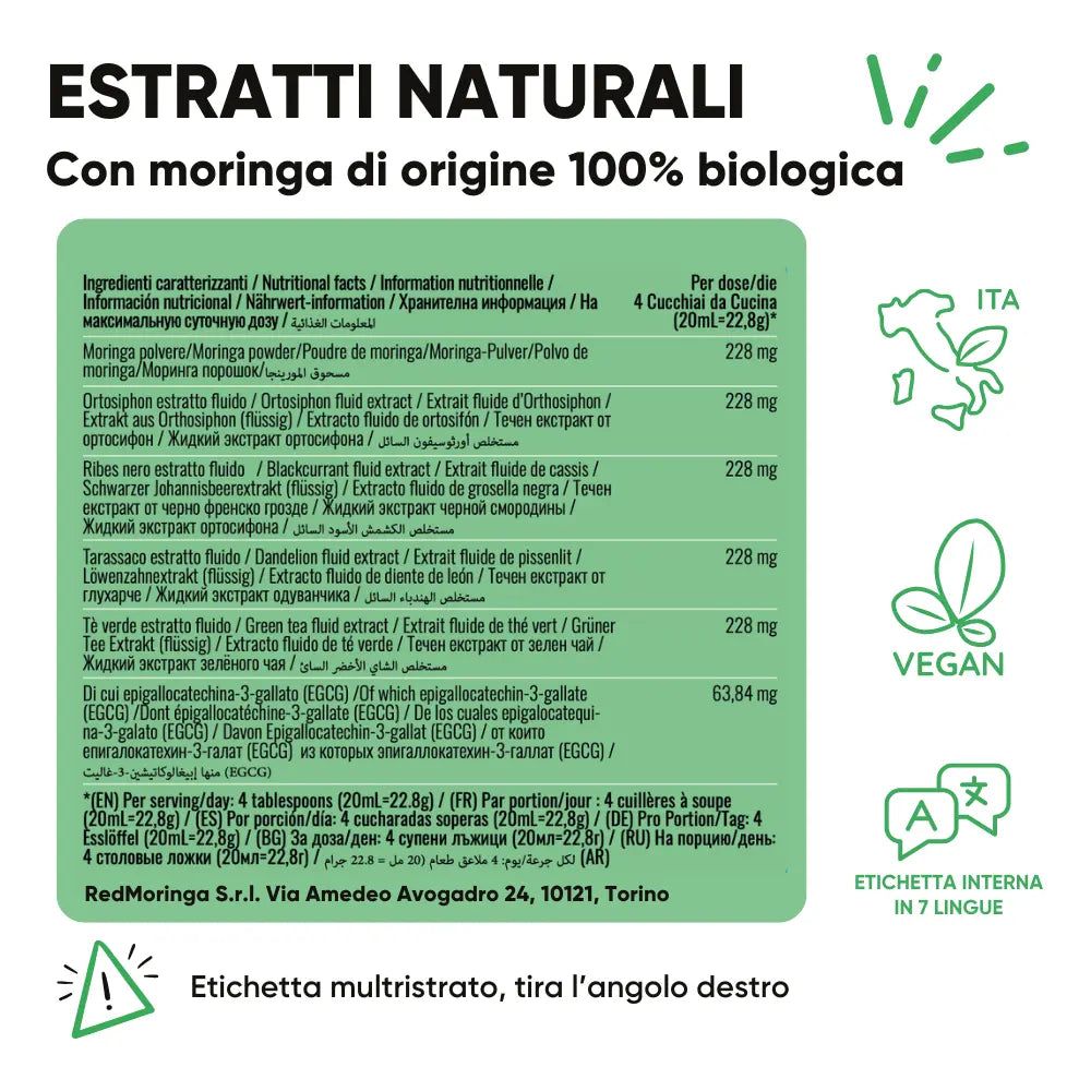 Tabella nutrizionale con ingredienti e dosaggio. Contiene: Moringa, Ortosiphon, Ribes Nero, Tarassaco, Tè verde. Logo vegano e testo in 7 lingue.