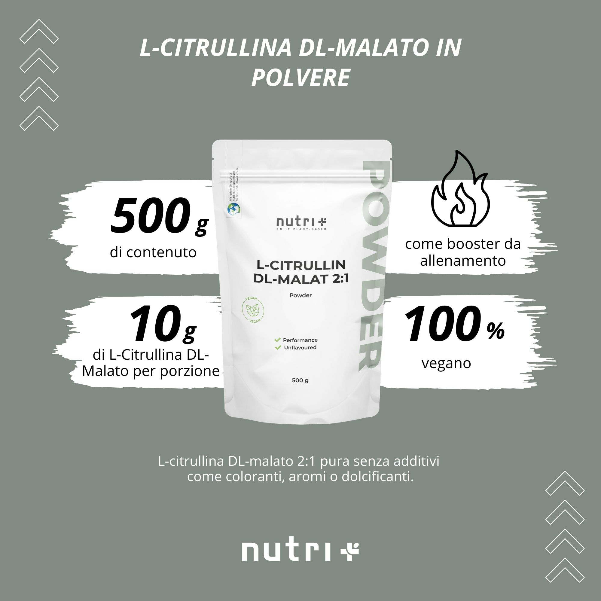 L-Citrullina DL-Malato in polvere. Ingredienti puri, senza additivi. Vegano, senza glutine, senza OGM.