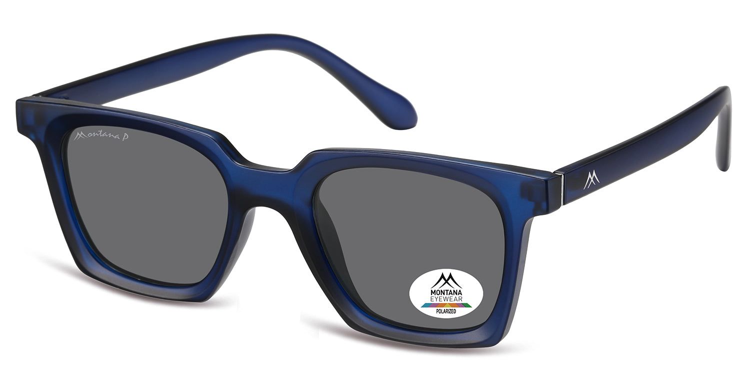 Occhiali da sole blu, visti di lato. Un adesivo con logo e scritta 'Polarized' è visibile su una lente.