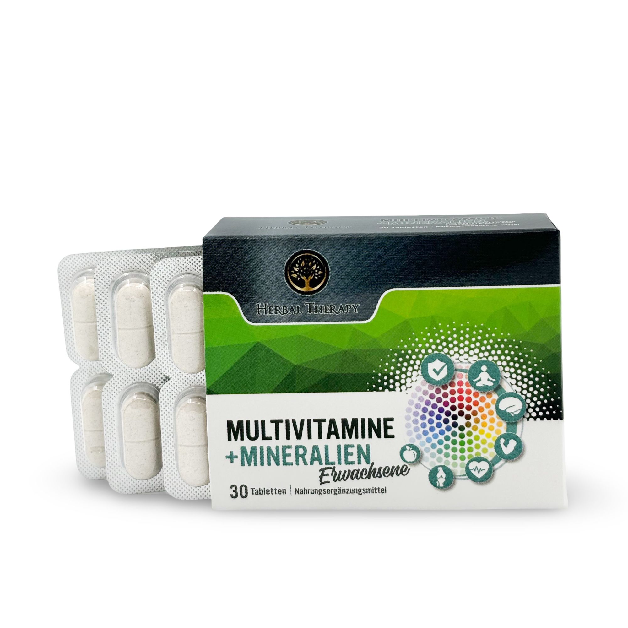 Confezione "Herbal Therapy MULTIVITAMINE + MINERALIEN für Erwachsene" con blister aperto. Compresse visibili. Logo e nome del prodotto.