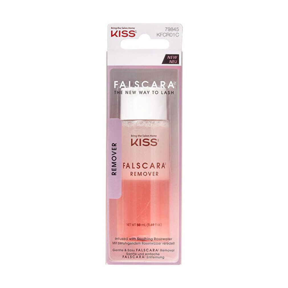 Confezione di Falscara Remover. Flacone con liquido rosa. Marchio KISS. Testo: 'The new way to lash'.