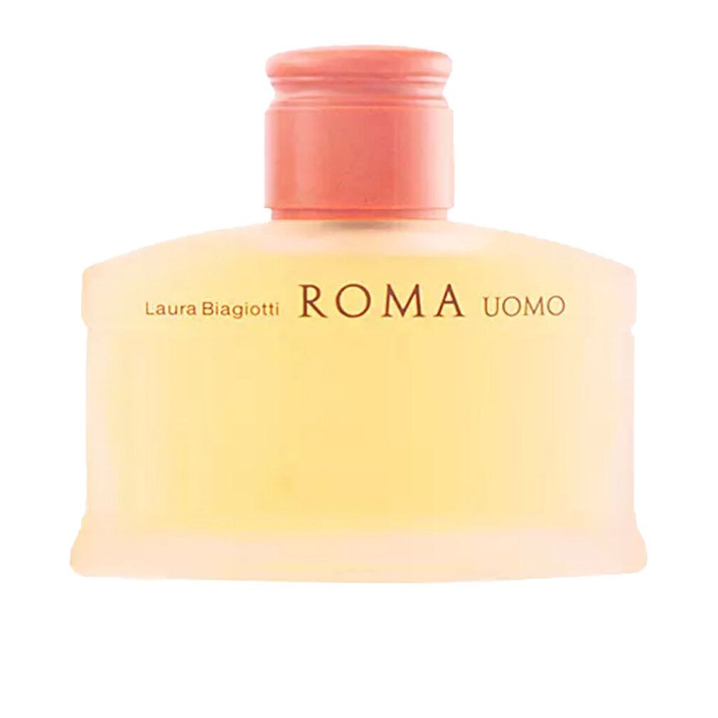 Flacone di profumo con tappo rosa. Scritta ROMA UOMO. Flacone dalla forma arrotondata.