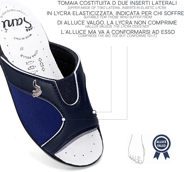 Dettaglio della pantofola. Tomaia con inserti in lycra. Adatta per l'alluce valgo. Logo e certificazione.