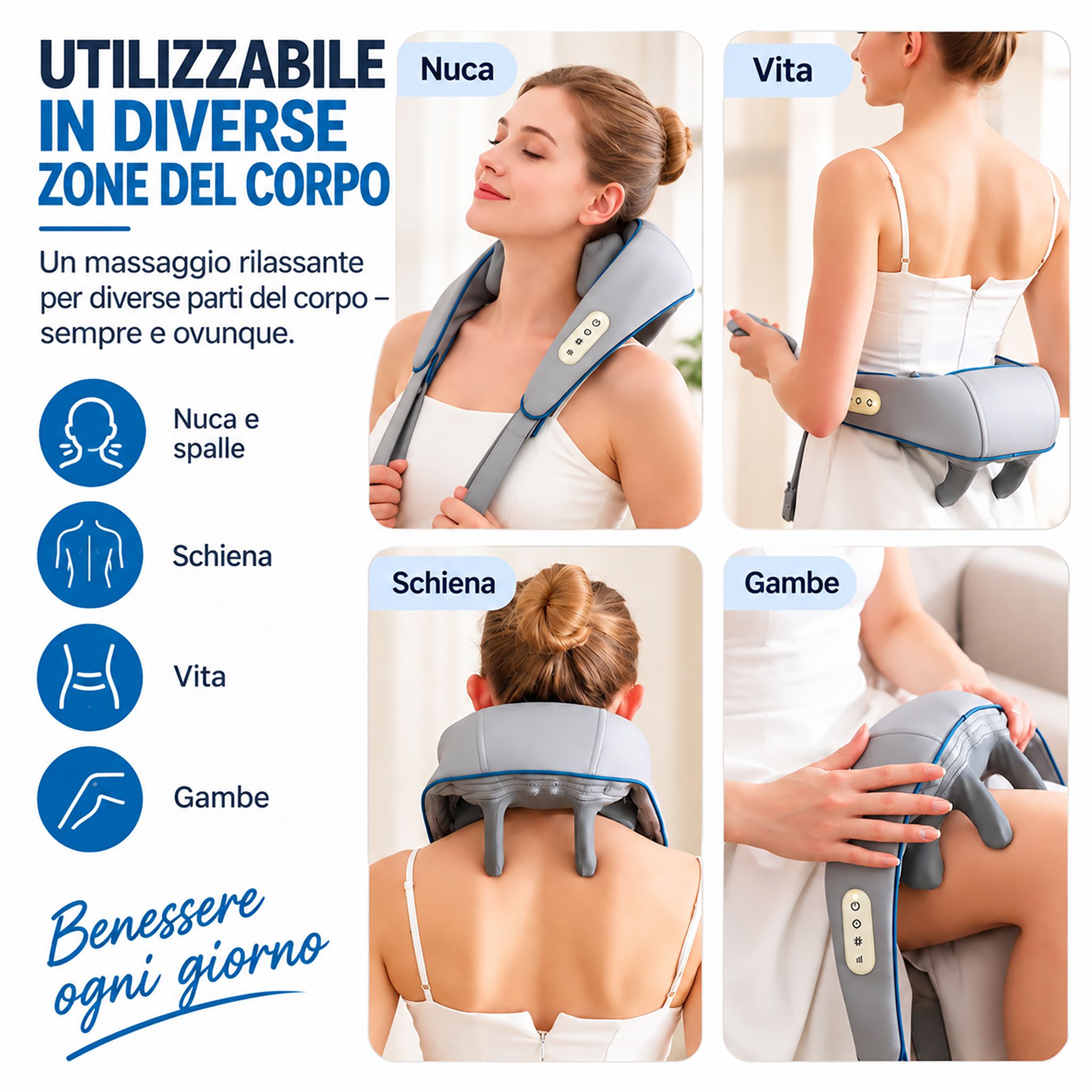 Donna con massaggiatore per il collo, il dispositivo offre massaggio shiatsu, calore e 3 livelli.