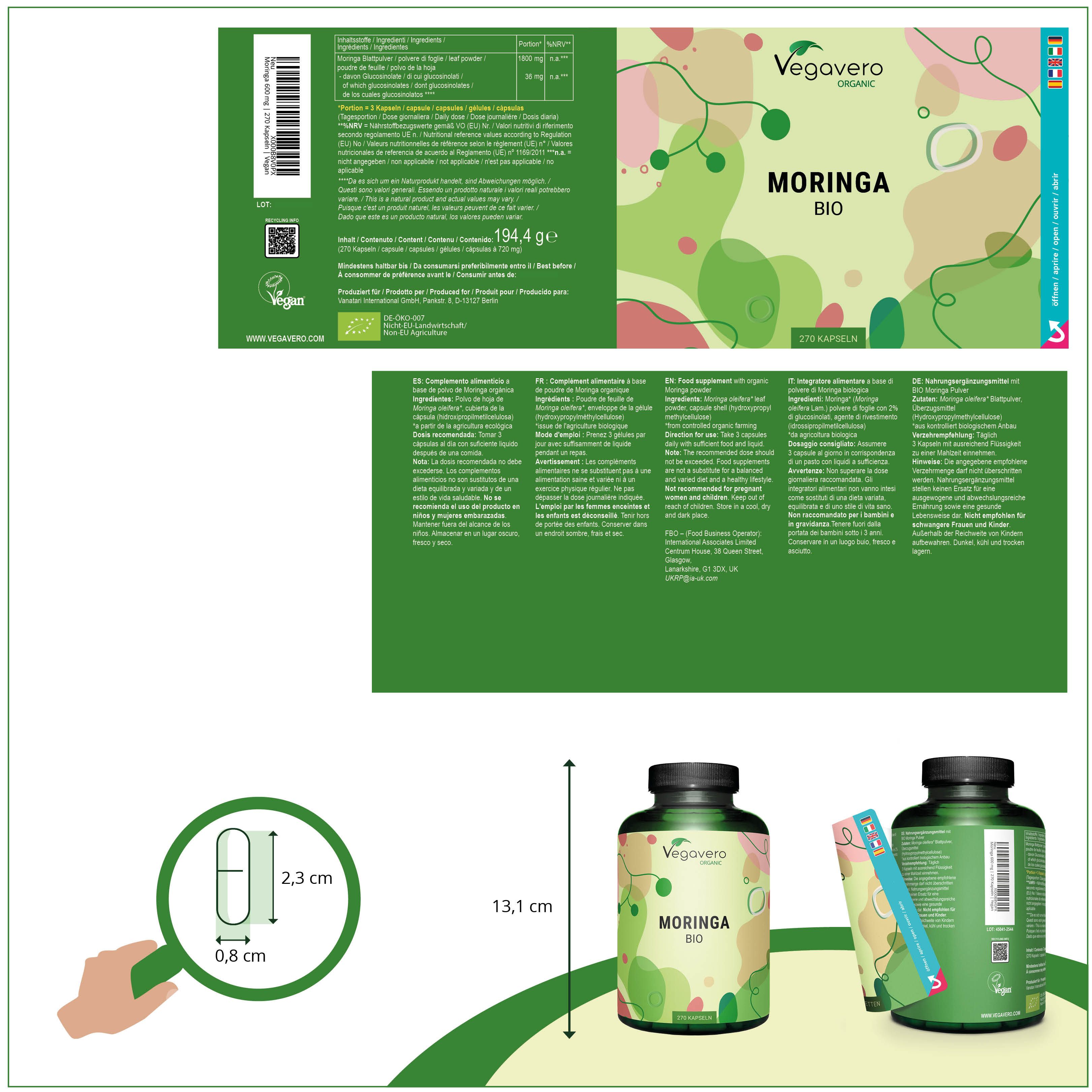 Confezione del prodotto con etichetta. Mostra informazioni nutrizionali e certificazioni. Bottiglia di capsule Moringa BIO.