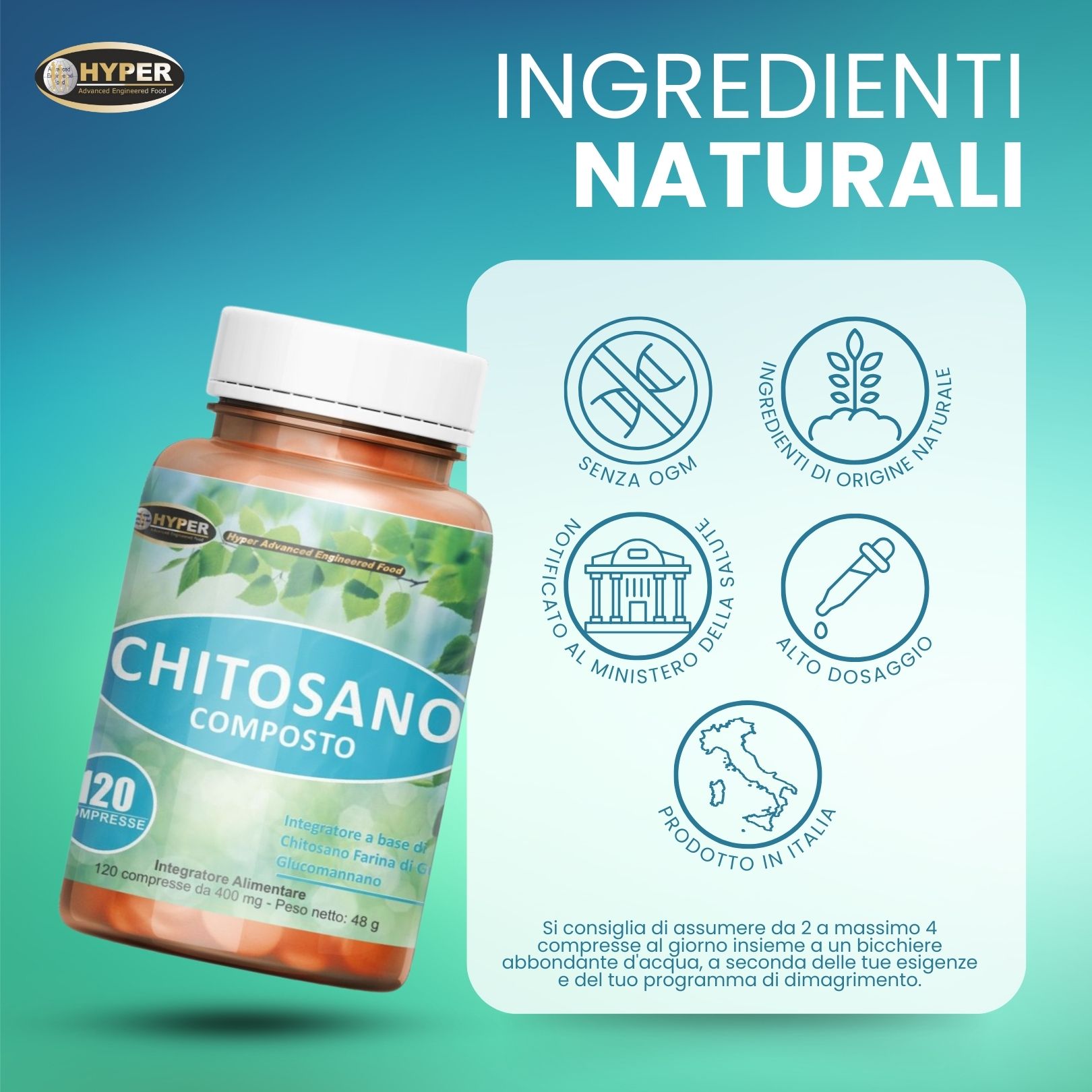 HYPER Chitosano Composto  con Glucomannano. Minore assorbimento dei grassi e degli zuccheri,