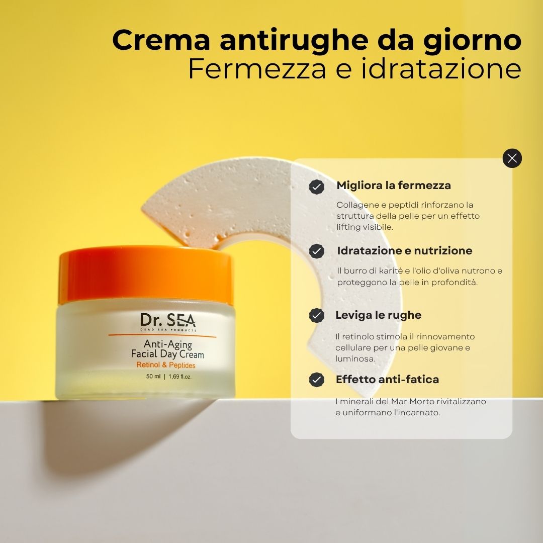 Vasetto di crema con testo. Testo: Anti-Aging Facial Day Cream, Retinol & Peptides. Sfondo giallo con testo.
