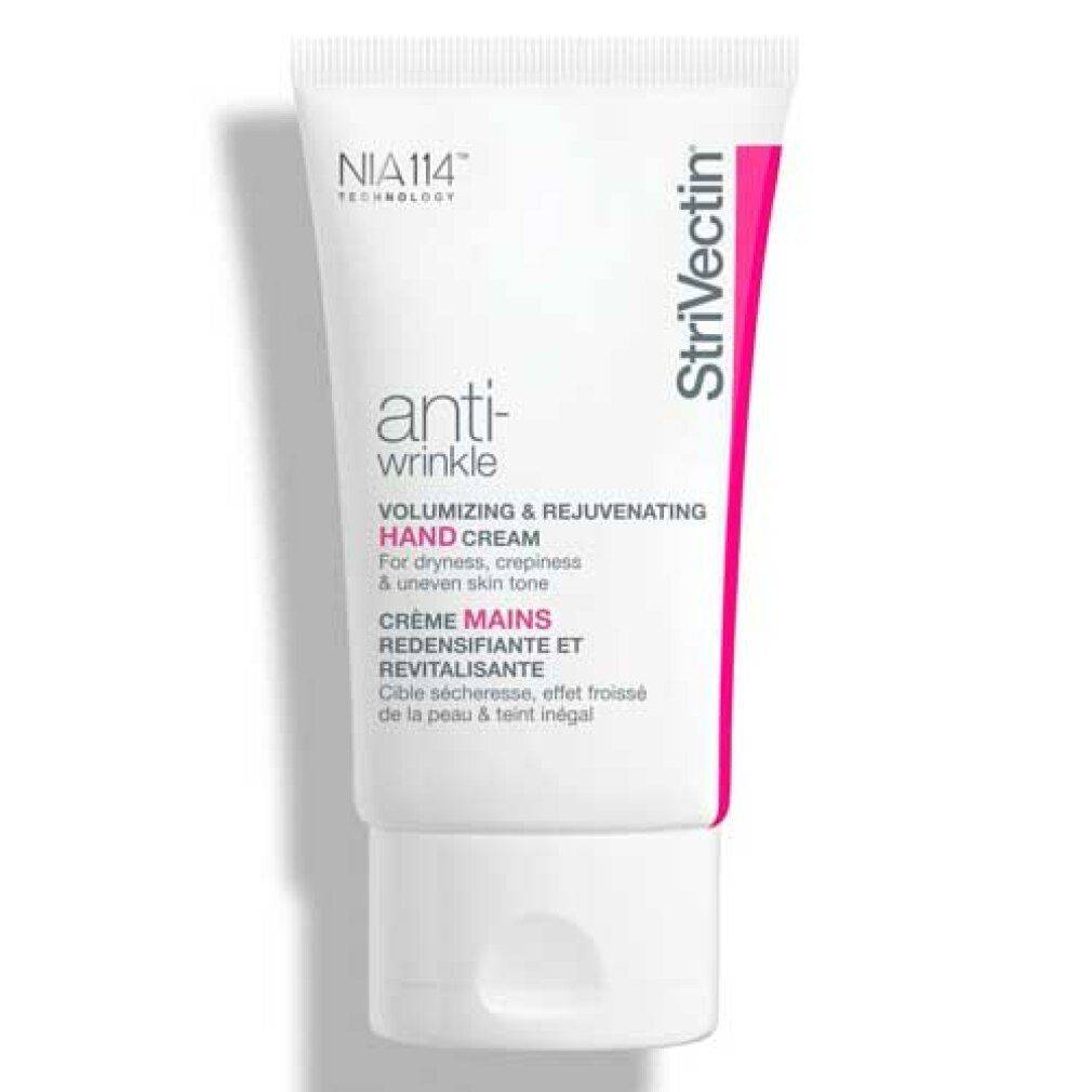Tubo bianco con dettagli rosa. Testo: Anti-Wrinkle, Hand Cream, Strivectin. Prodotto per pelle secca.
