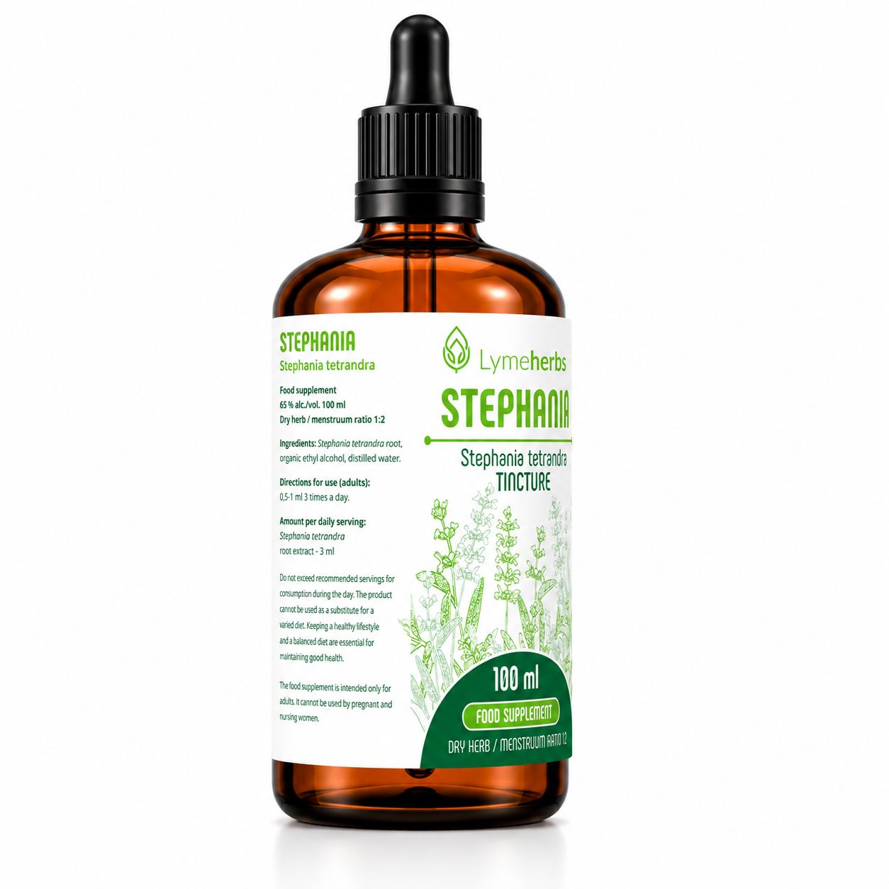 Flacone in vetro marrone con contagocce, etichetta con dicitura Stephania tincture, illustrazioni di erbe e istruzioni.