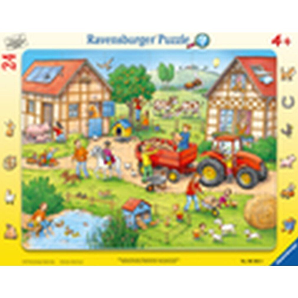 Puzzle Mein kleiner Bauernhof, 24 pezzi. Scena della fattoria con case, animali e persone. Logo Ravensburger Puzzle.