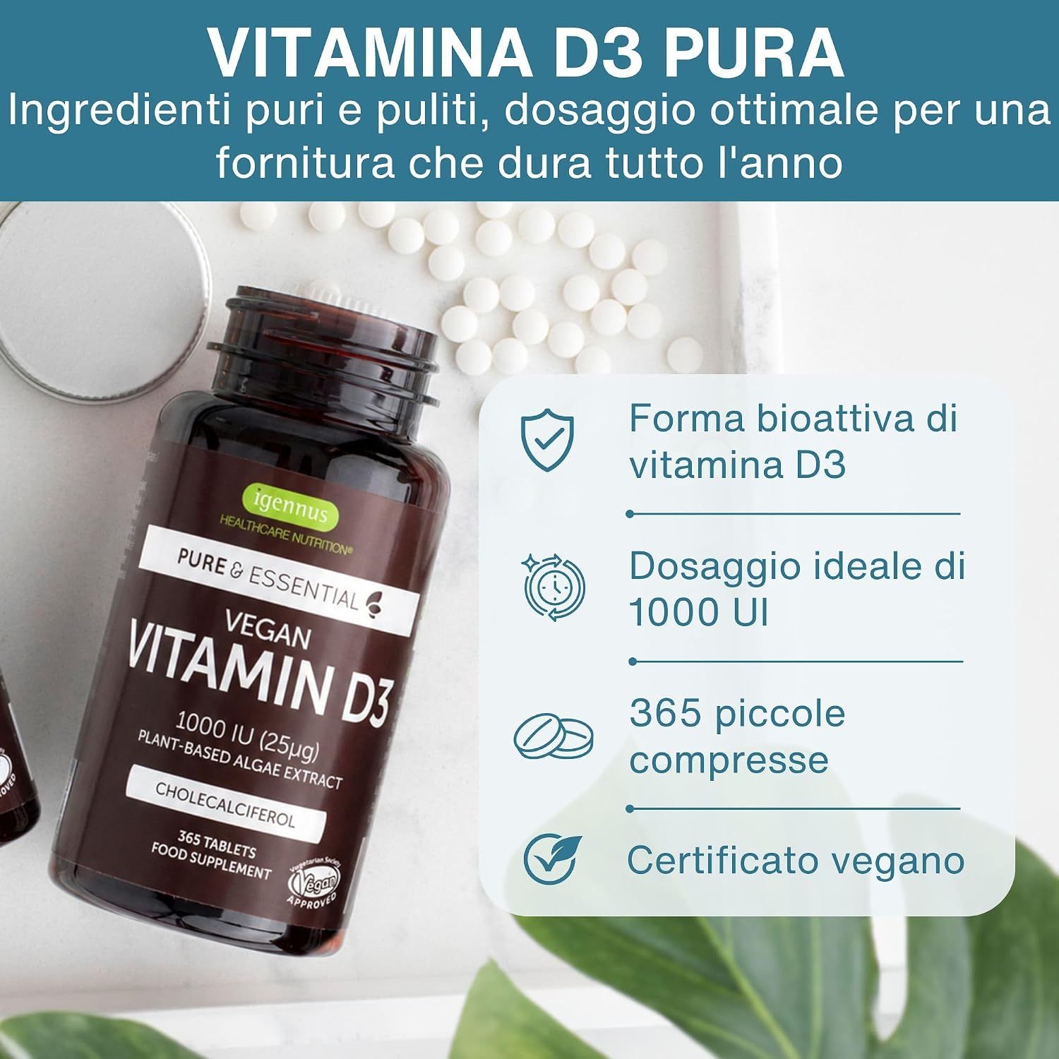 Flacone Igennus Vegan Vitamin D3 con informazioni dettagliate su dosaggio e origine vegana.