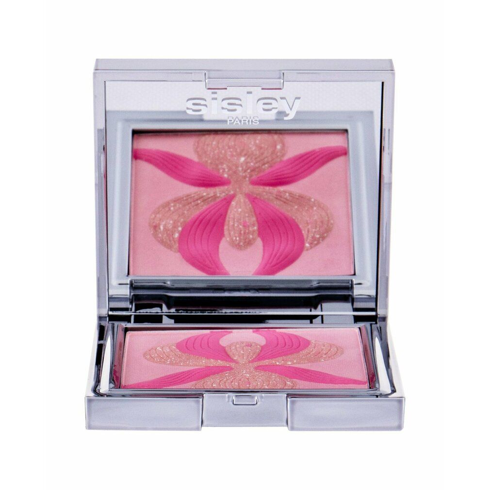 Palette blush aperta con specchio. Confezione compatta argentata. Polvere rosa con motivo floreale. Marchio Sisley Paris visibile.