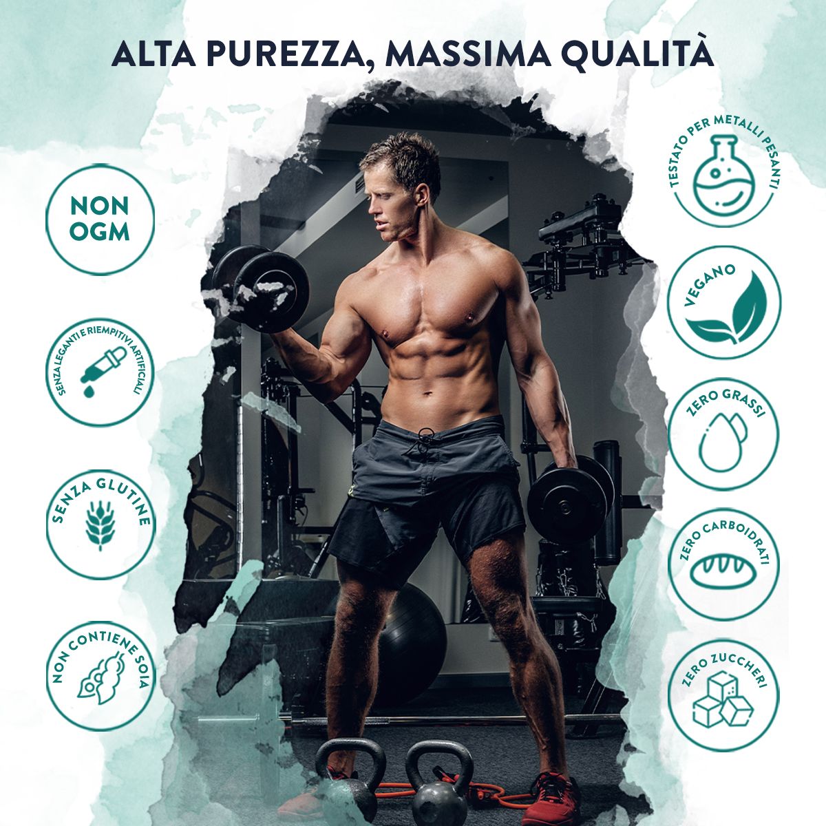 Uomo con pesi. Loghi: Vegano, senza glutine, senza zucchero, senza OGM. Prodotto per sportivi.