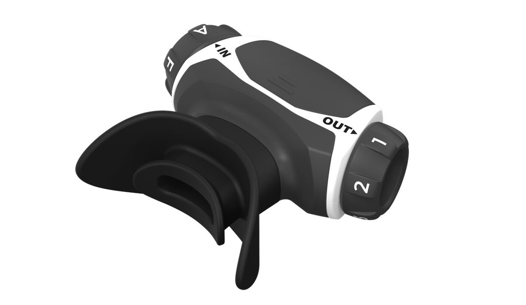 Airofit Aktiv, allenatore respiratorio. Dispositivo bianco e nero con boccaglio e manopole. Scritte: IN, OUT, 1-2.