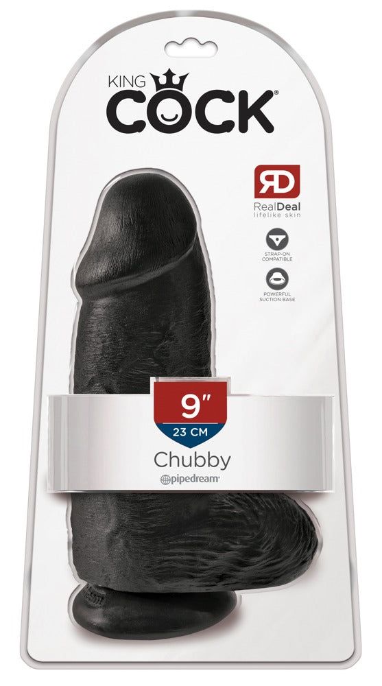 Dildo nero nella confezione. Sulla confezione c'è scritto "Chubby" e "9"/23 cm".
