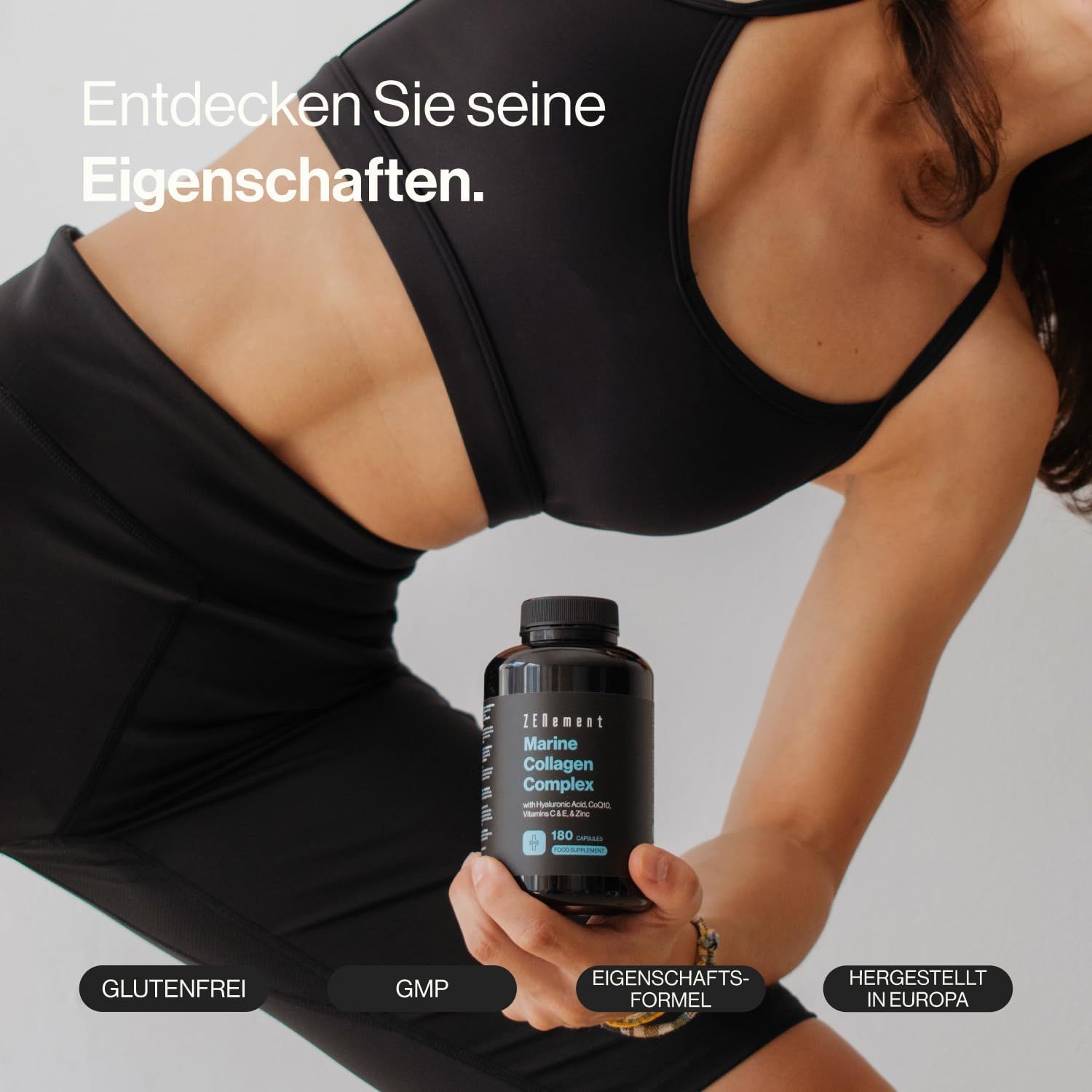 Flacone nero di capsule Zenement Meereskollagen Komplex. Scritte: Senza glutine, GMP, Formula di proprietà, Prodotto in Europa.