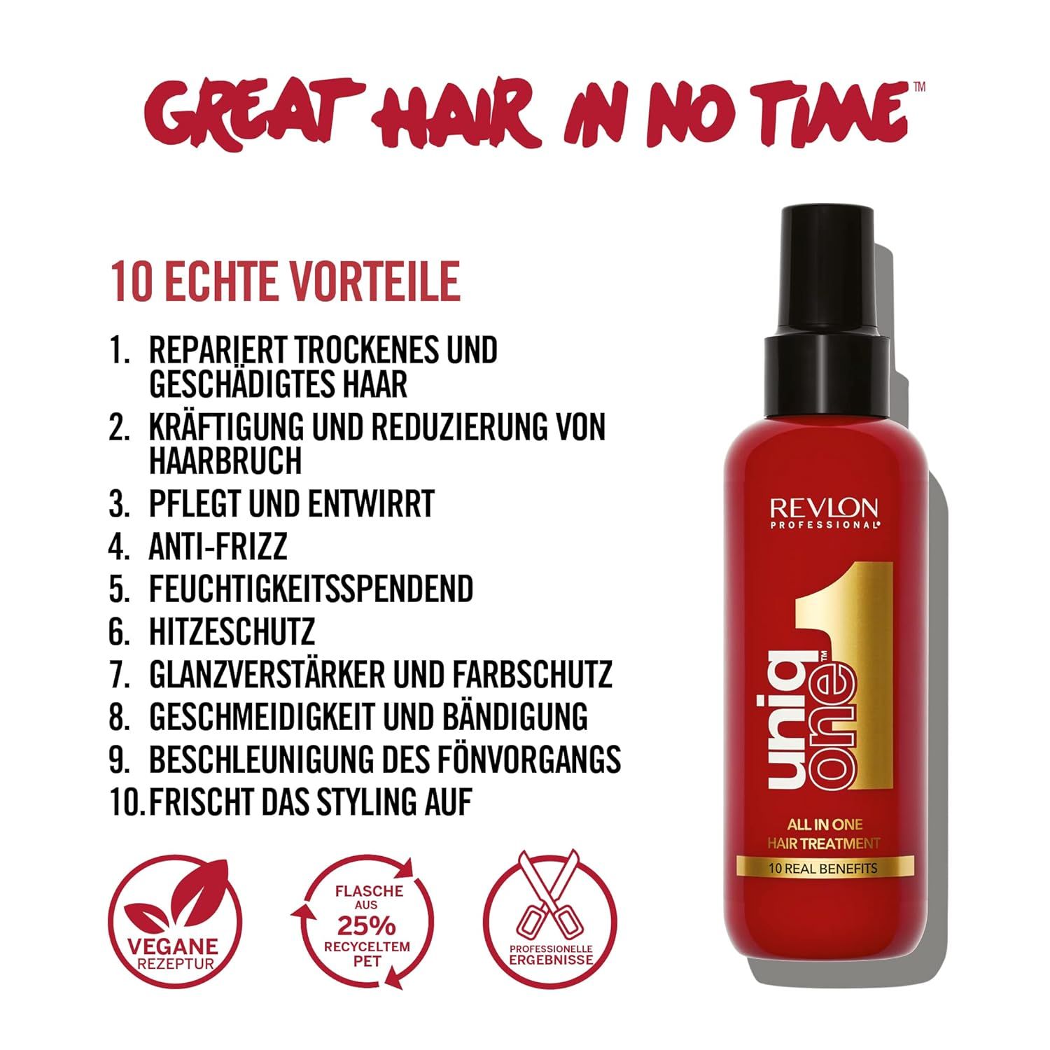 Flacone rosso Revlon UniqOne Hair Treatment. Scritta dorata. Testo: 10 benefici, vegano, 25% PET riciclato.
