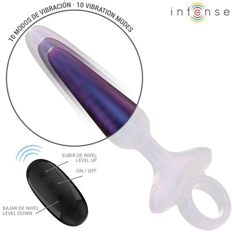 Plug anale viola con anello e telecomando. 10 modalità di vibrazione. Marchio: Intense. Telecomando con pulsanti.