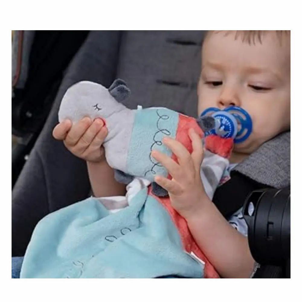 Bambino in passeggino con doudou e ciuccio. Testa di ippopotamo, tessuto blu.