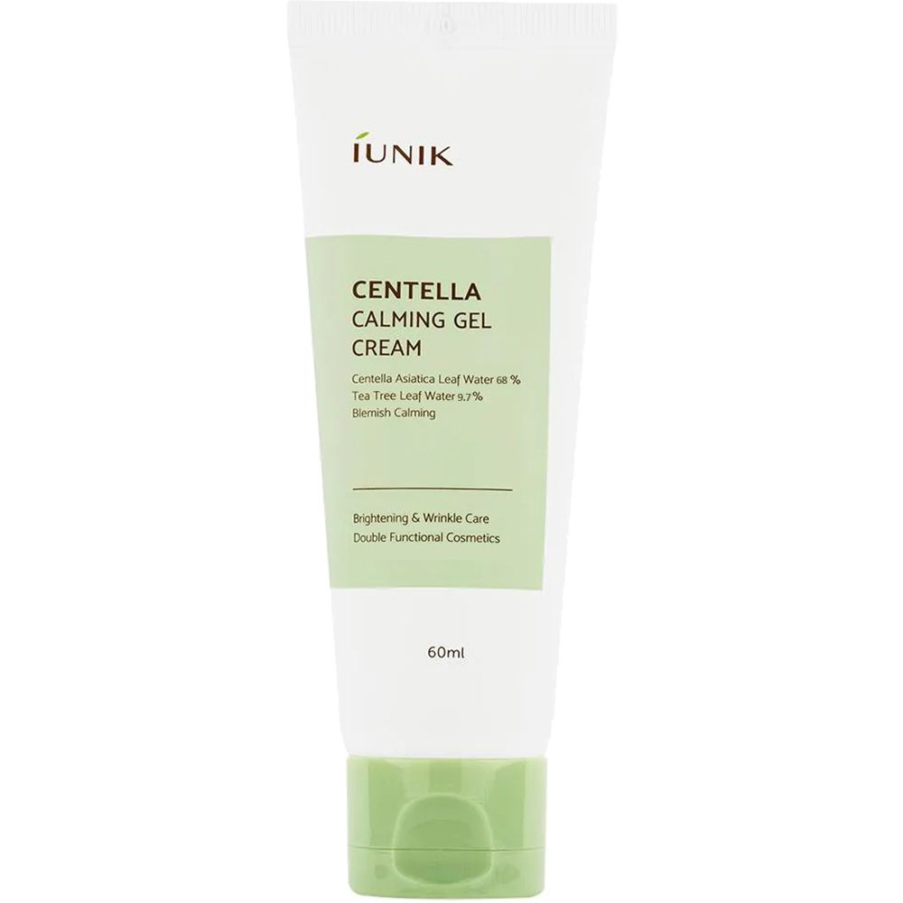 Tubo bianco con tappo verde. Scritta: iUNIK, Centella Calming Gel Cream, 60ml. Testo: Centella Asiatica Leaf Water 30%.