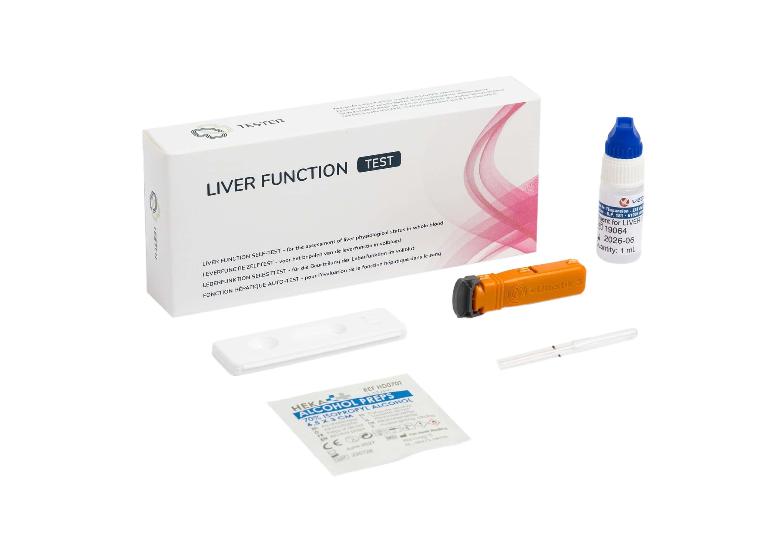 Kit test funzionalità epatica con cassetta, lancetta, pipetta, tampone alcolico e flaconcino.