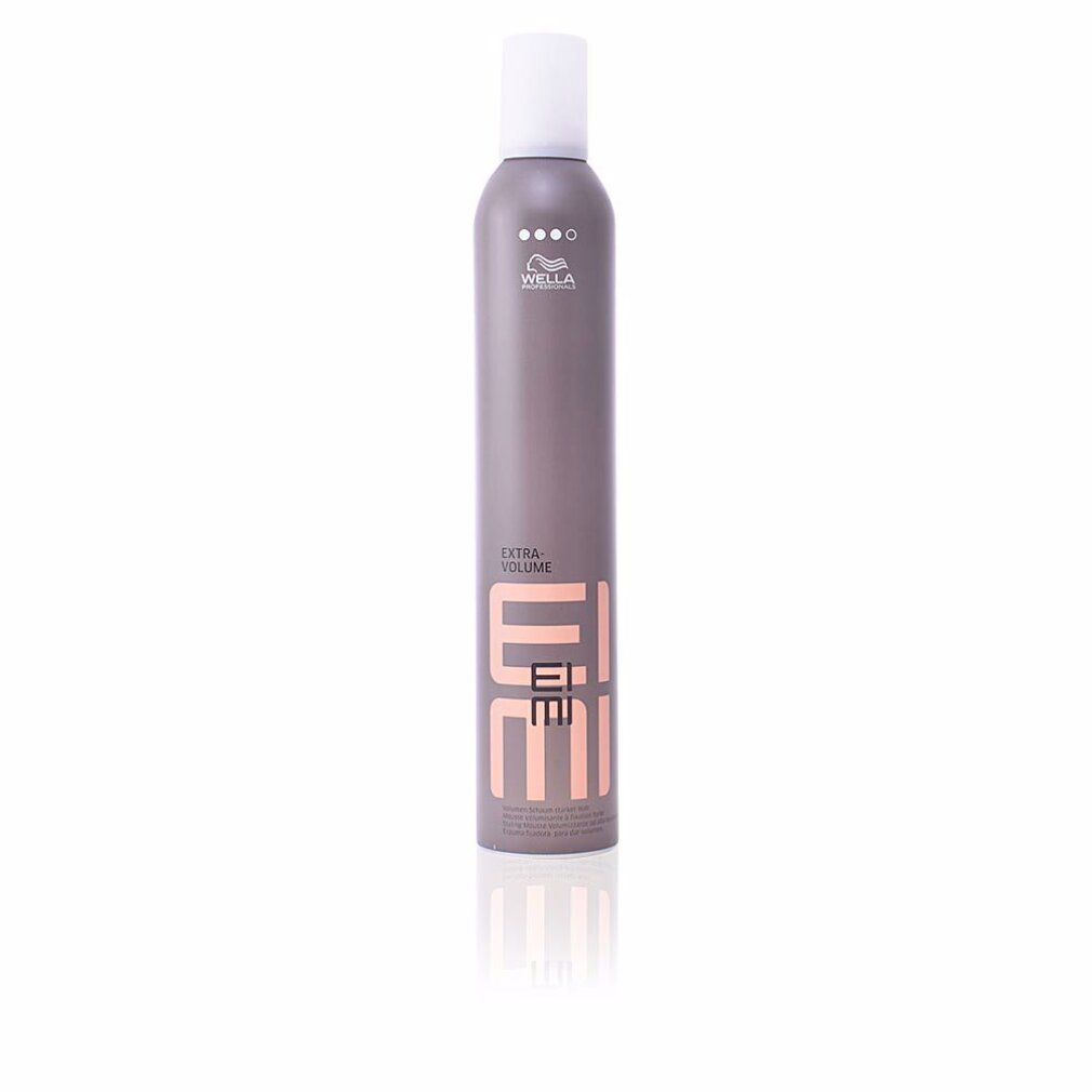 Flacone spray grigio con tappo bianco. Scritta: EIMI Extra Volume. Marchio: Wella.