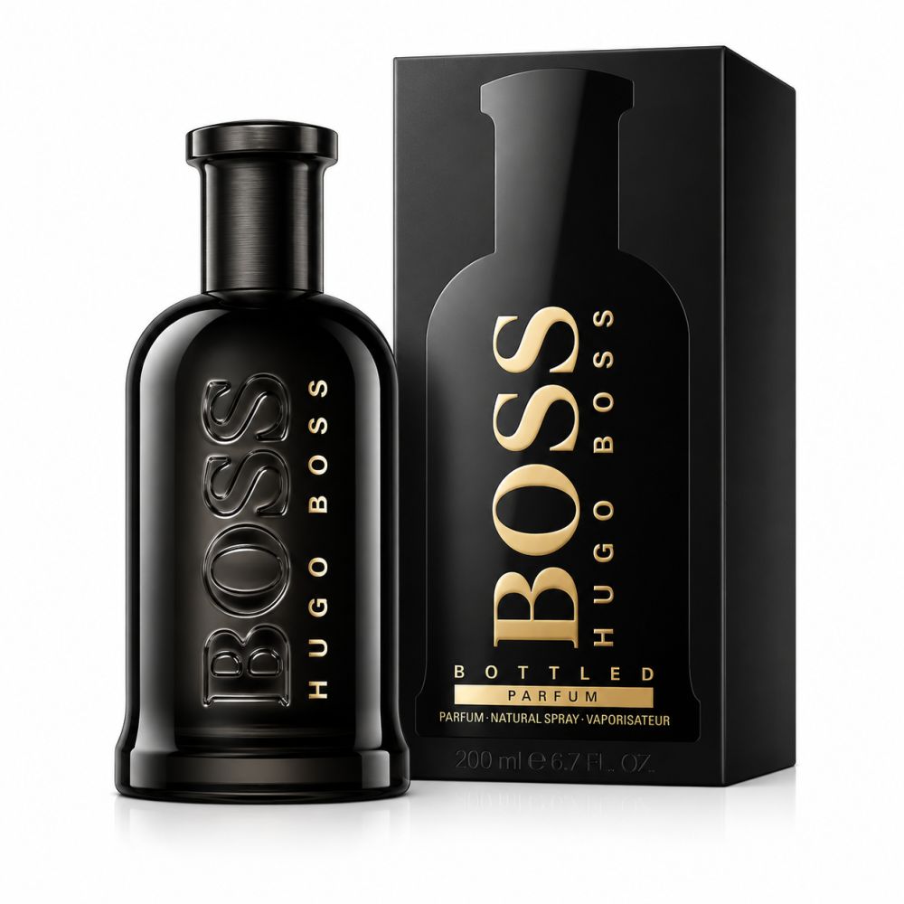 Flacone Hugo Boss Bottled Parfum e confezione nera.
