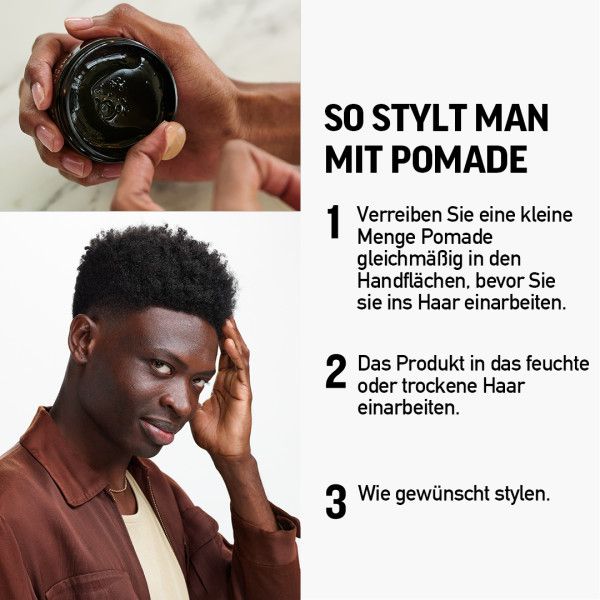 Mani che tengono un barattolo AMERICAN CREW POMADE. Testo: COME STILARE CON LA POMATA. Istruzioni: Sfregare, applicare, stilare.