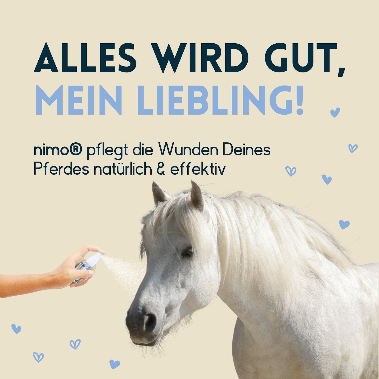 Cavallo con testo: TUTTO ANDRÀ BENE, AMORE MIO! nimo® cura le ferite del tuo cavallo in modo naturale ed efficace. Mano che spruzza.