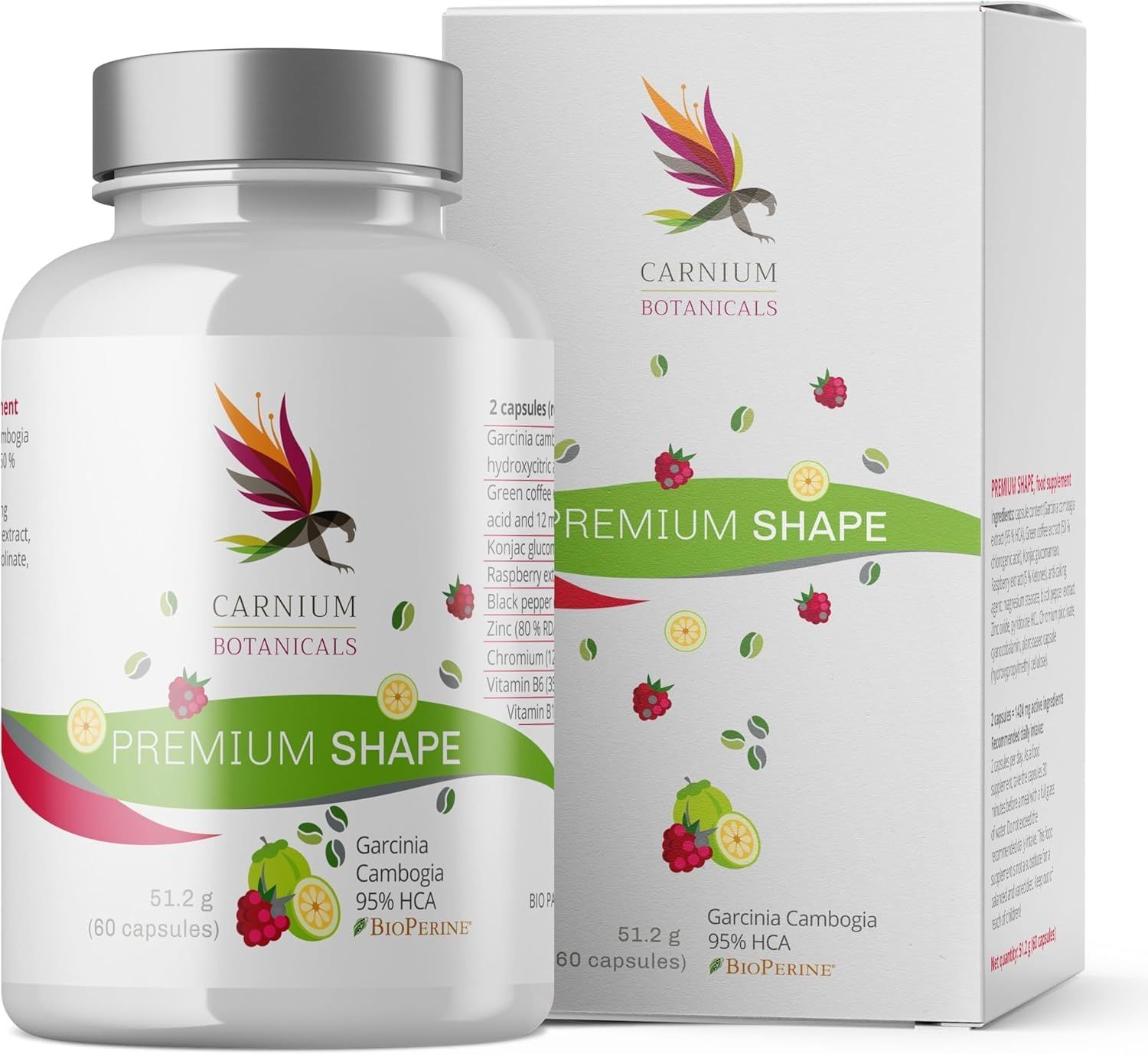 Flacone bianco e scatola con etichetta "Premium Shape". Scritta: Garcinia Cambogia, 95% HCA. Contiene 60 capsule. Sfondo: frutta.