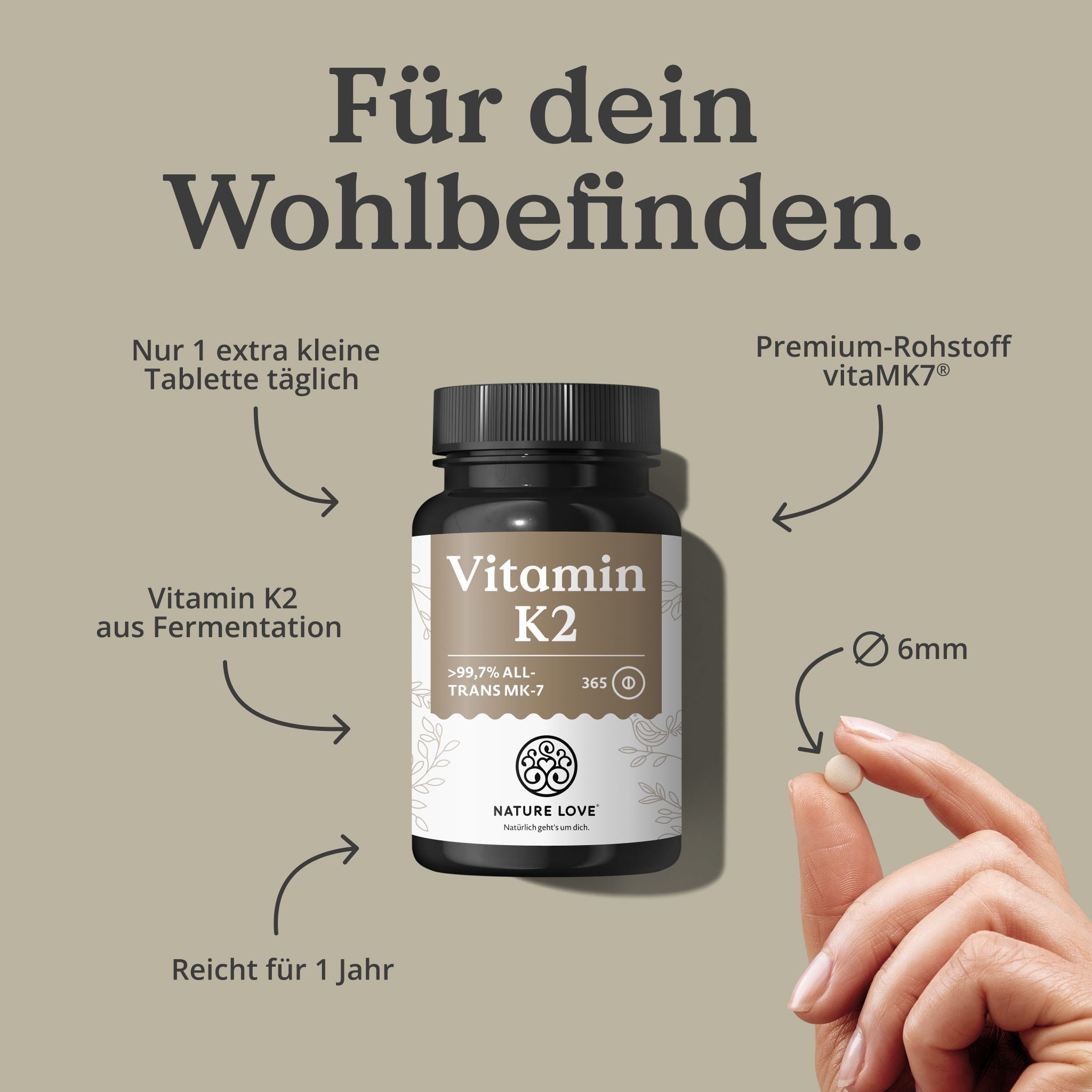 Flacone Vitamina K2 Nature Love, 365 capsule, dimensione capsula 6mm.