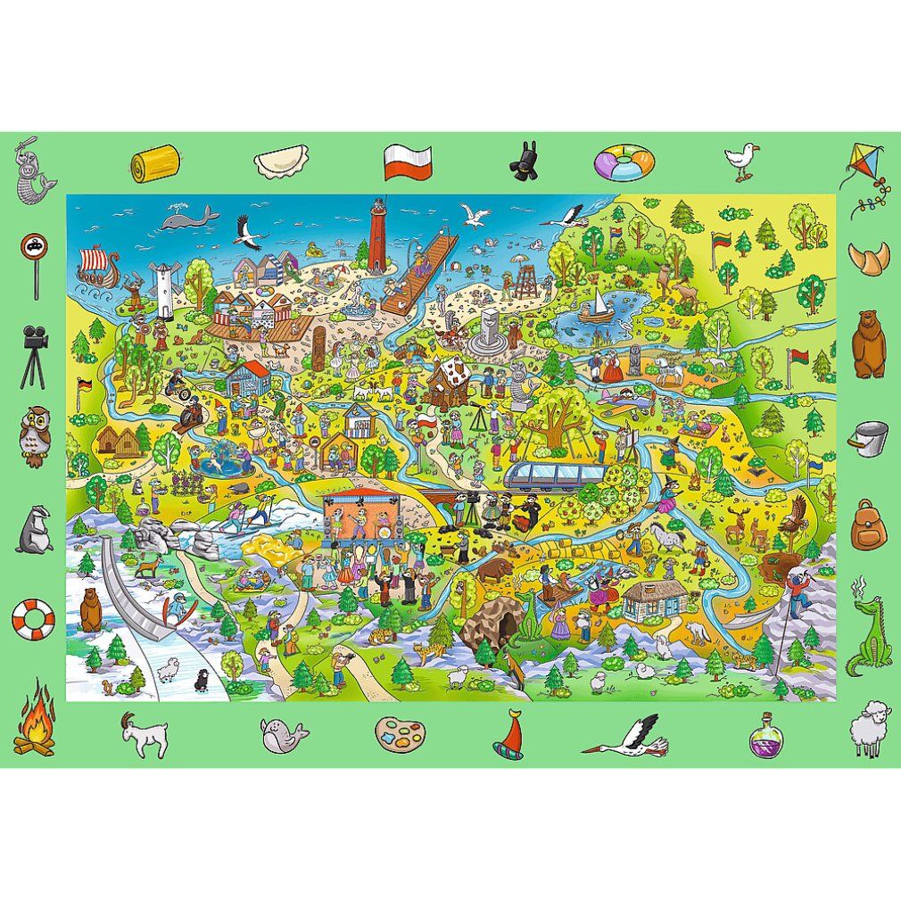 Puzzle con ricerca di immagini. Motivo Spy Guy. 100 pezzi. Vista del puzzle con illustrazioni colorate. Bordo verde.