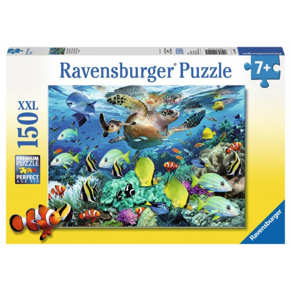 Scatola puzzle Unterwasserparadies. Scatola rettangolare con motivo puzzle: tartaruga marina e pesci. Marca Ravensburger, 150 pezzi, dai 7 anni.