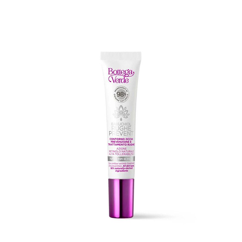 Tubo di crema bianco con tappo viola. Scritta: Bottega Verde, Bakuchiol Rughe Prevent, Contorno occhi.