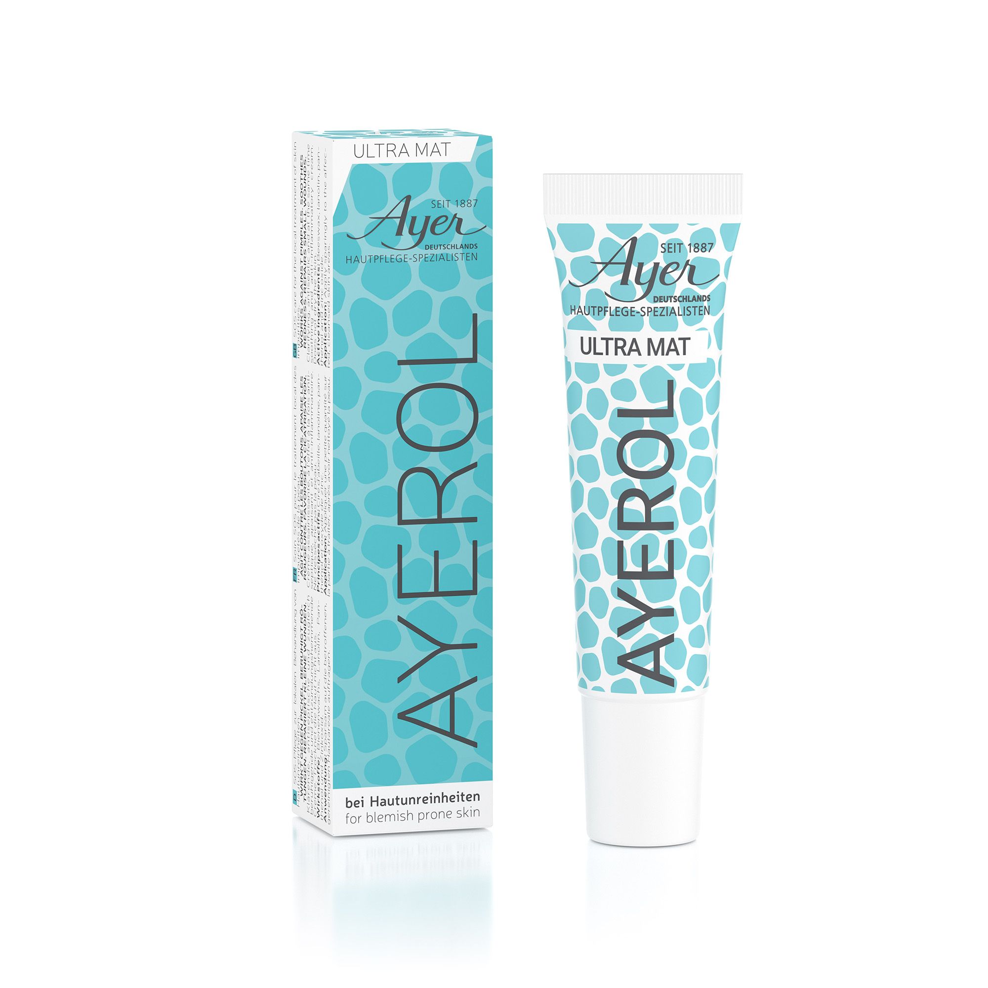 Tubo e scatola Ayerol Ultra Mat. Design turchese e bianco con nome e logo del prodotto. Testo: per pelli impure.