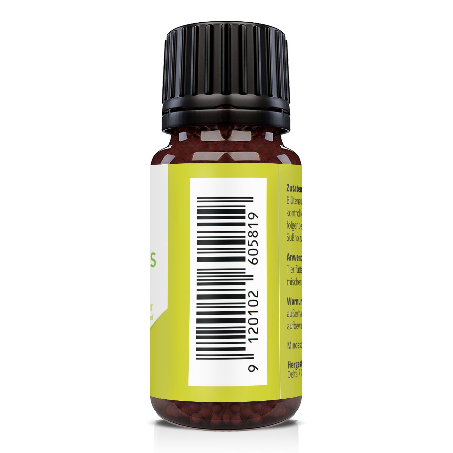 Flacone marrone con etichetta gialla. Codice a barre e testo sul retro.