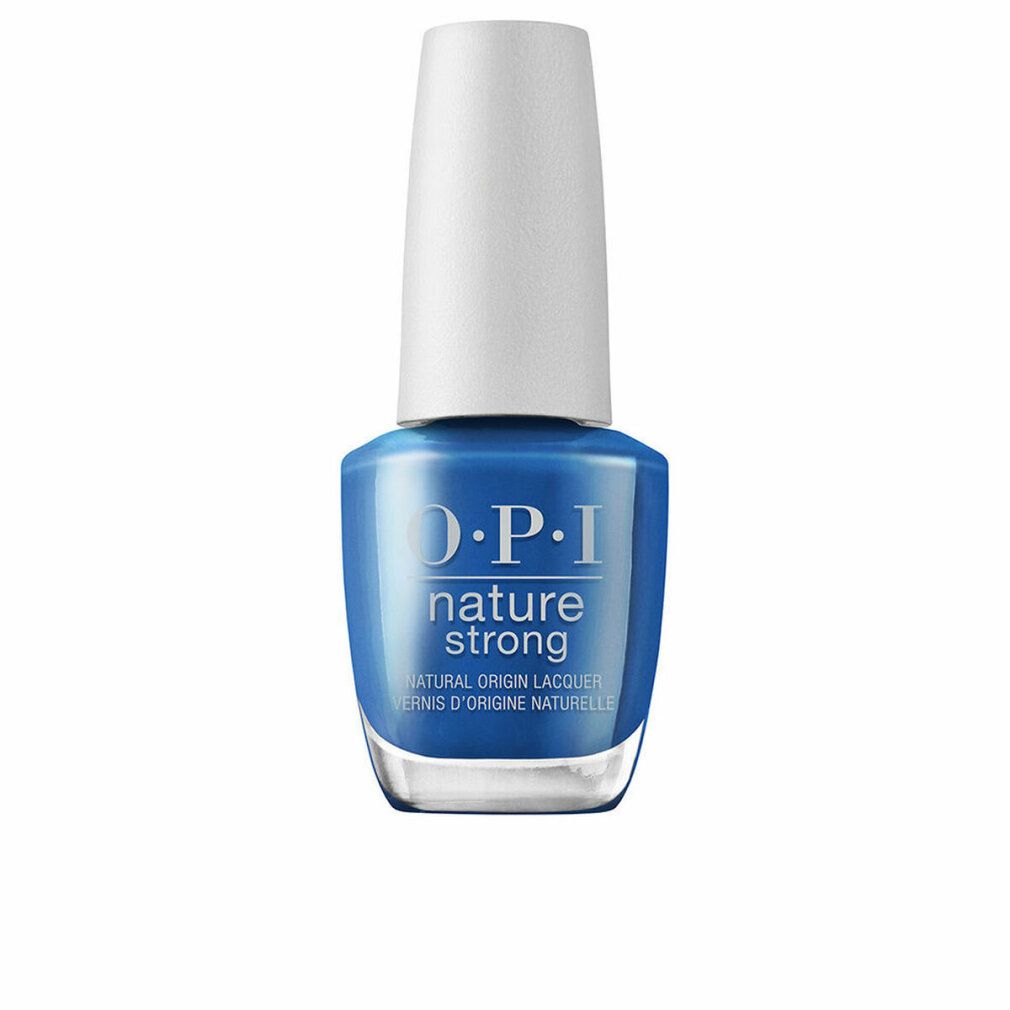 Flacone di smalto blu con tappo bianco. Logo OPI Nature Strong. Smalto per unghie naturale.