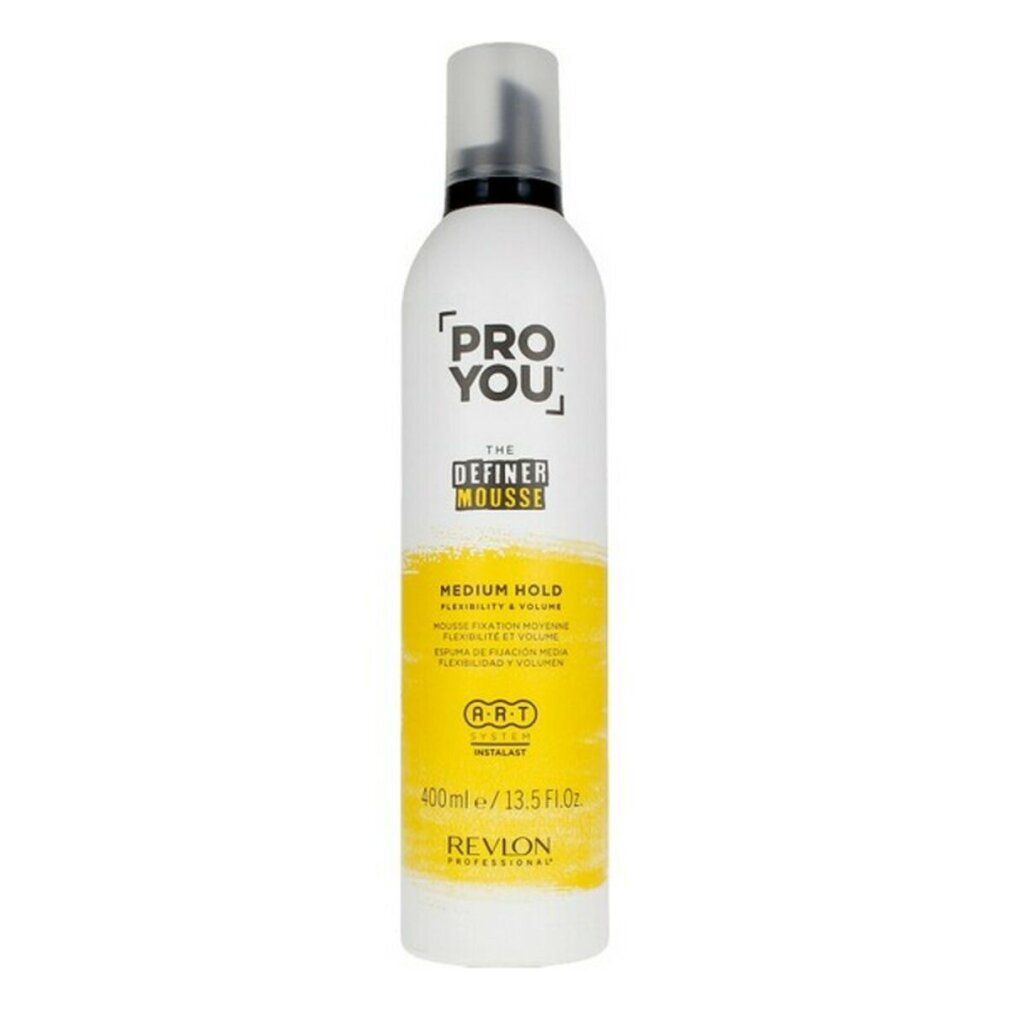 Flacone bianco-giallo con tappo nero. Scritta: PRO YOU THE DEFINER MOUSSE MEDIUM HOLD. Volume: 400ml/13.5 fl oz.