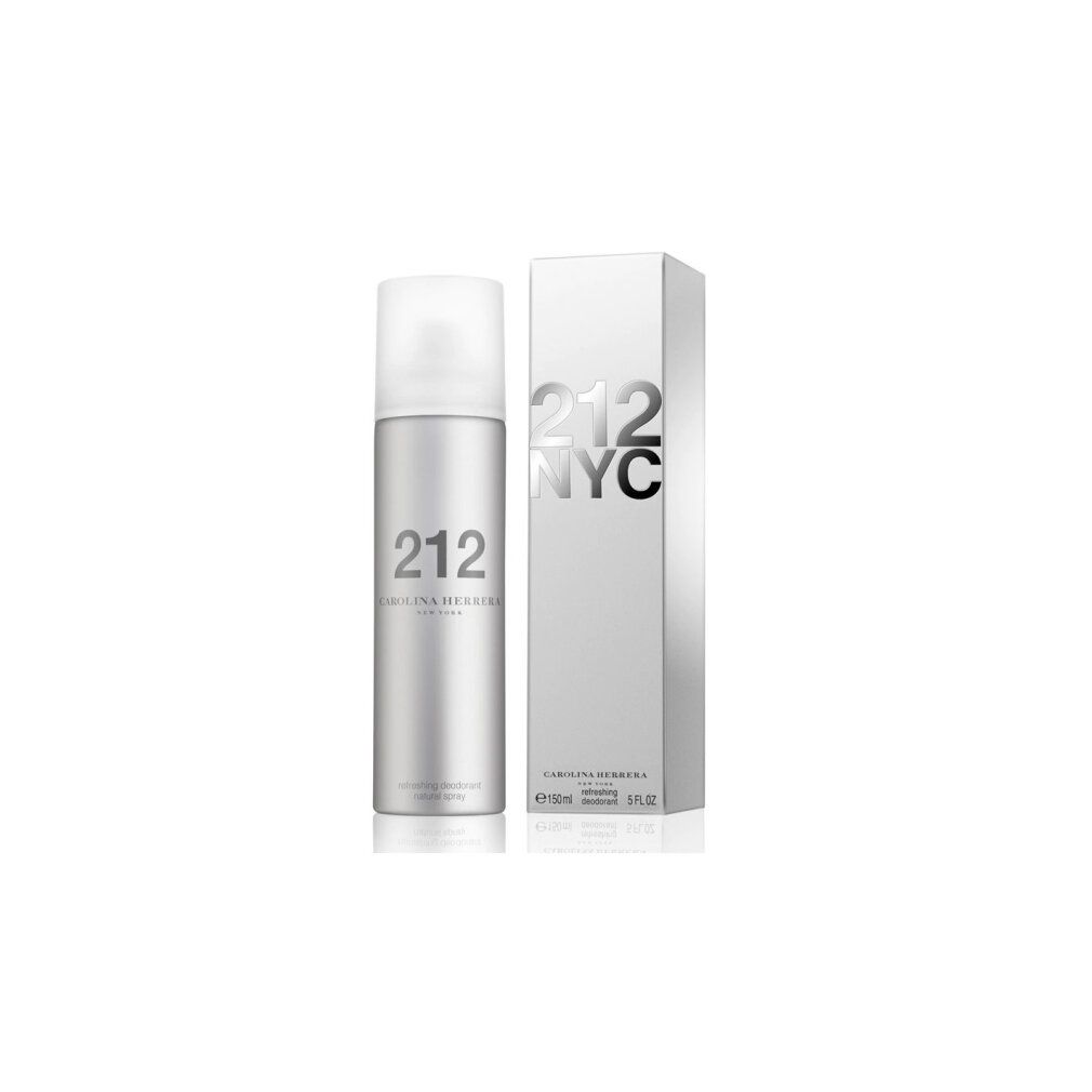 Flacone spray deodorante argento e scatola. Sul flacone, "212" e "Carolina Herrera". Sulla scatola, "212 NYC".