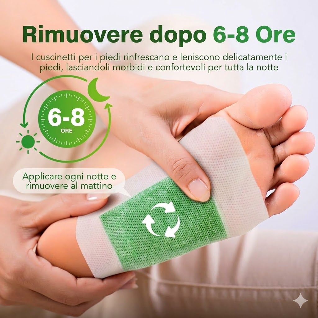 Piede con cerotto per i piedi. Testo: Rimuovere dopo 6-8 Ore. Simbolo freccia. Mano che tiene il piede. Cerotto verde e bianco.