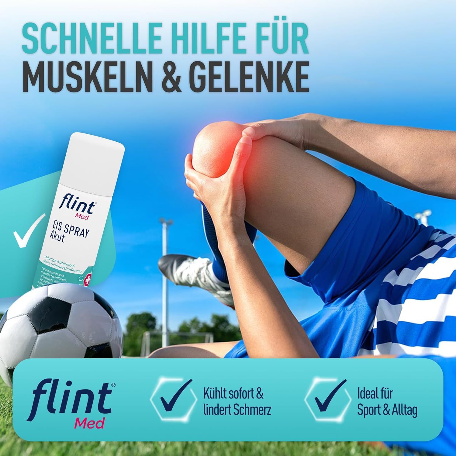 Calciatore con ginocchio. flint Med Eis Spray Akut. Testo: Raffredda subito e lenisce il dolore. Ideale per sport e quotidianità.