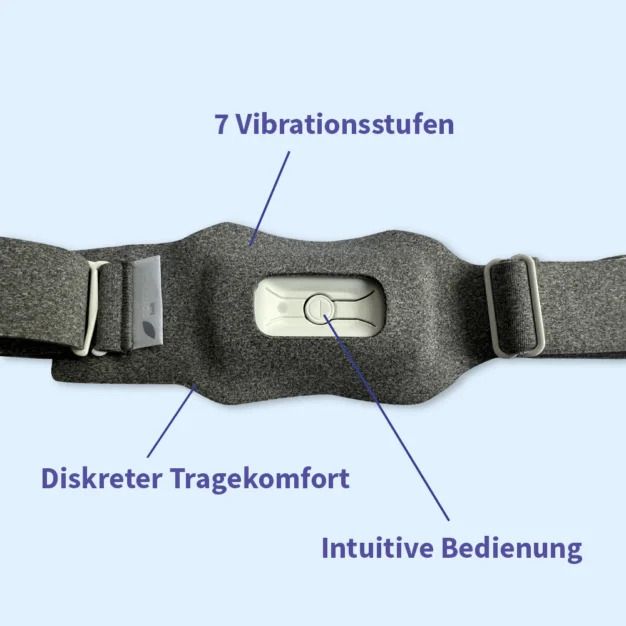 Cintura anti-russamento grigia con testo: 7 livelli di vibrazione, Comfort discreto, Utilizzo intuitivo. Su sfondo blu.