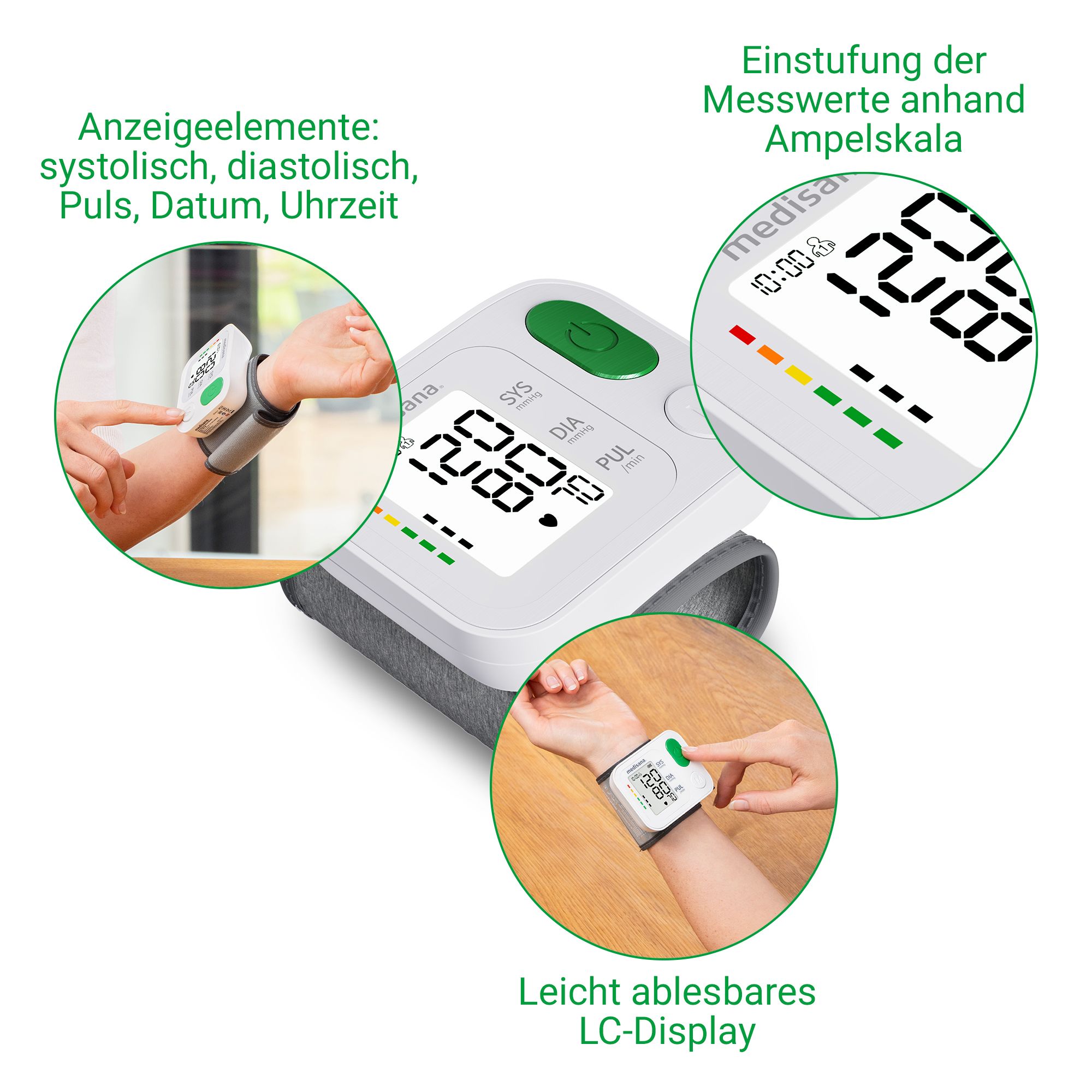 Misuratore di pressione da polso Medisana con display e scala colorata.