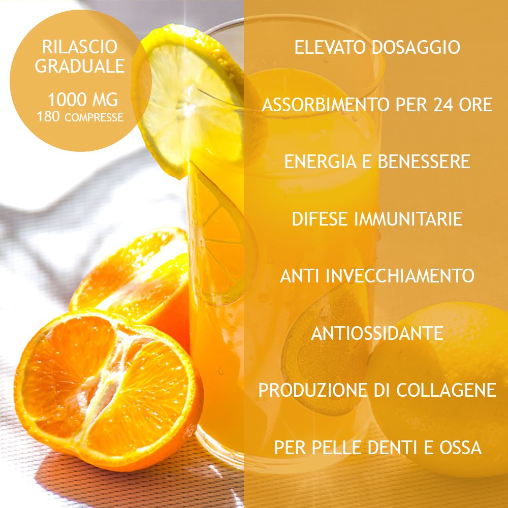 Bicchiere con bevanda, arance e limone. Testo: Rilascio Graduale, 1000 mg, 180 compresse. Benefici: energia, immunità, anti-età.