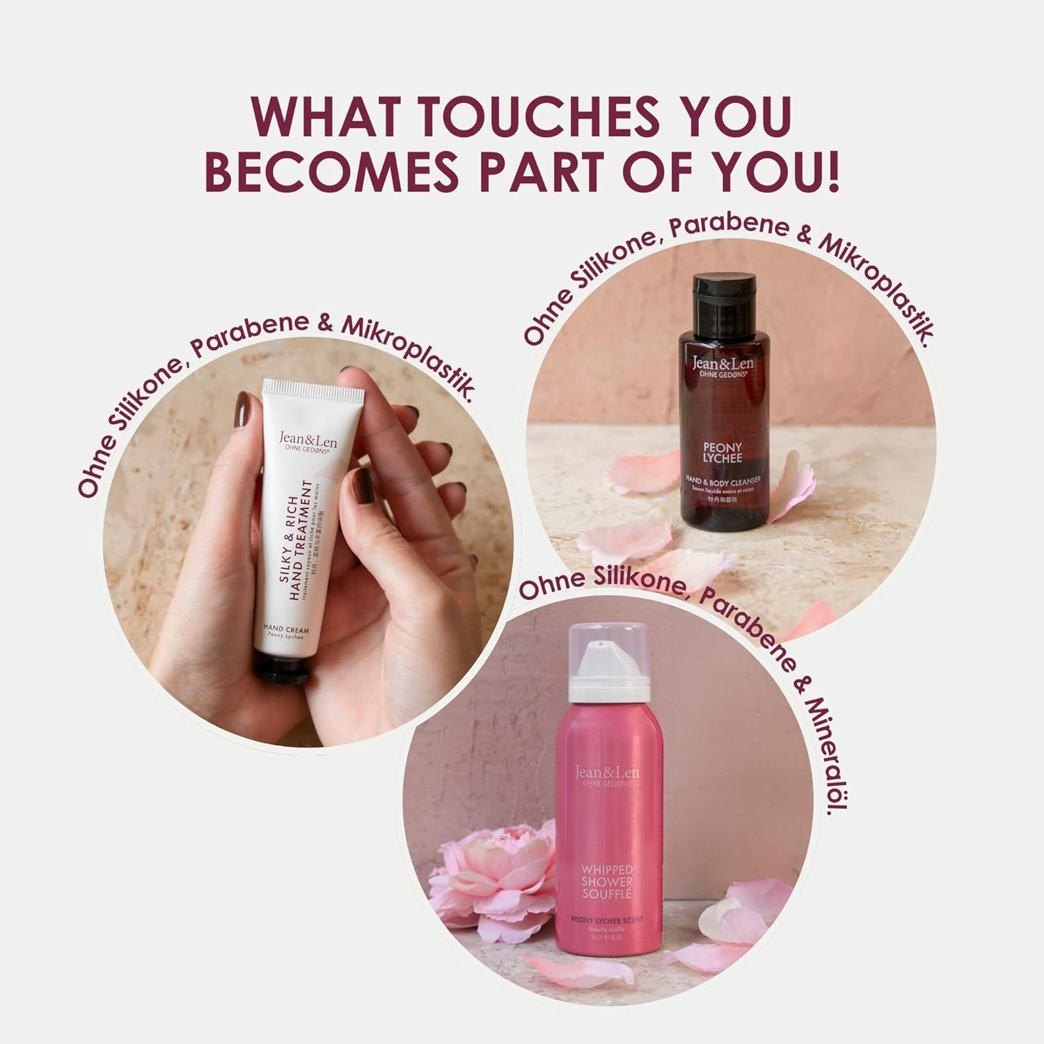 Tre gruppi di prodotti: crema mani, detergente mani e corpo, schiuma doccia. Testo: Senza siliconi, parabeni e microplastiche.